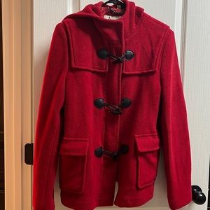 Red Burberry toggle coat with hood.  Euro Size 14. US size 10